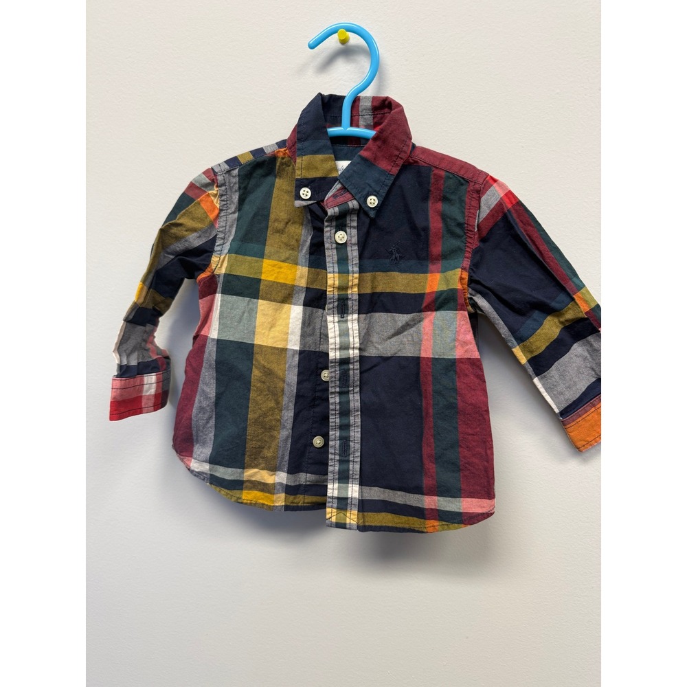 Ralph Lauren Baby Boys 6M Plaid Button Down Shirt Navy Burgundy Yellow Madras